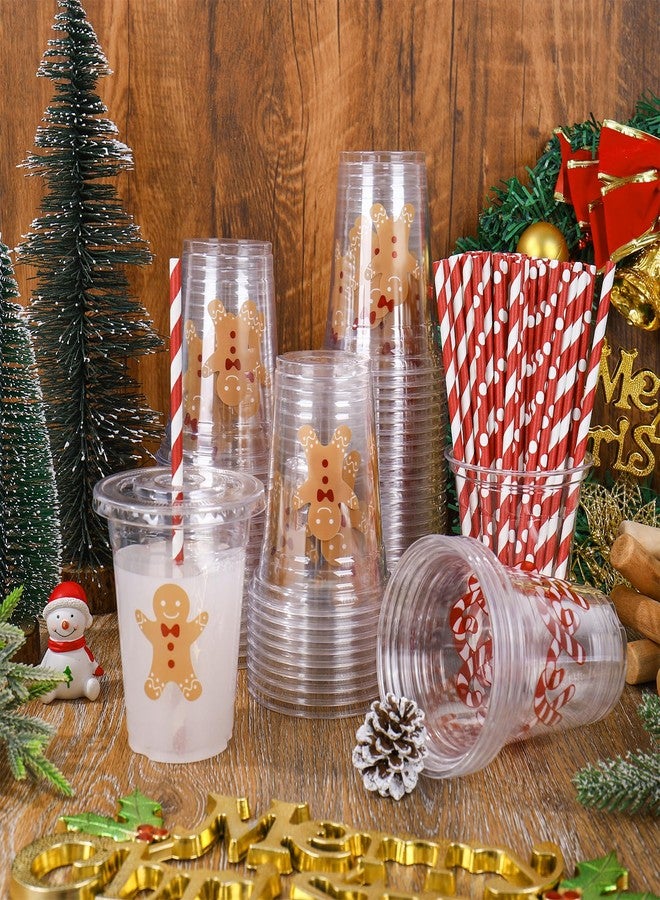 JarThenaAMCS 60Pcs Christmas Plastic Cups with Lids Straws Drinking Cup 12oz Gingerbread Man Candy Cane Disposable Cups for Xmas Winter Holiday - Image 4